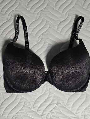 Victoria's Secret 34D Black Heathered Push-Up Bra with Branded Straps